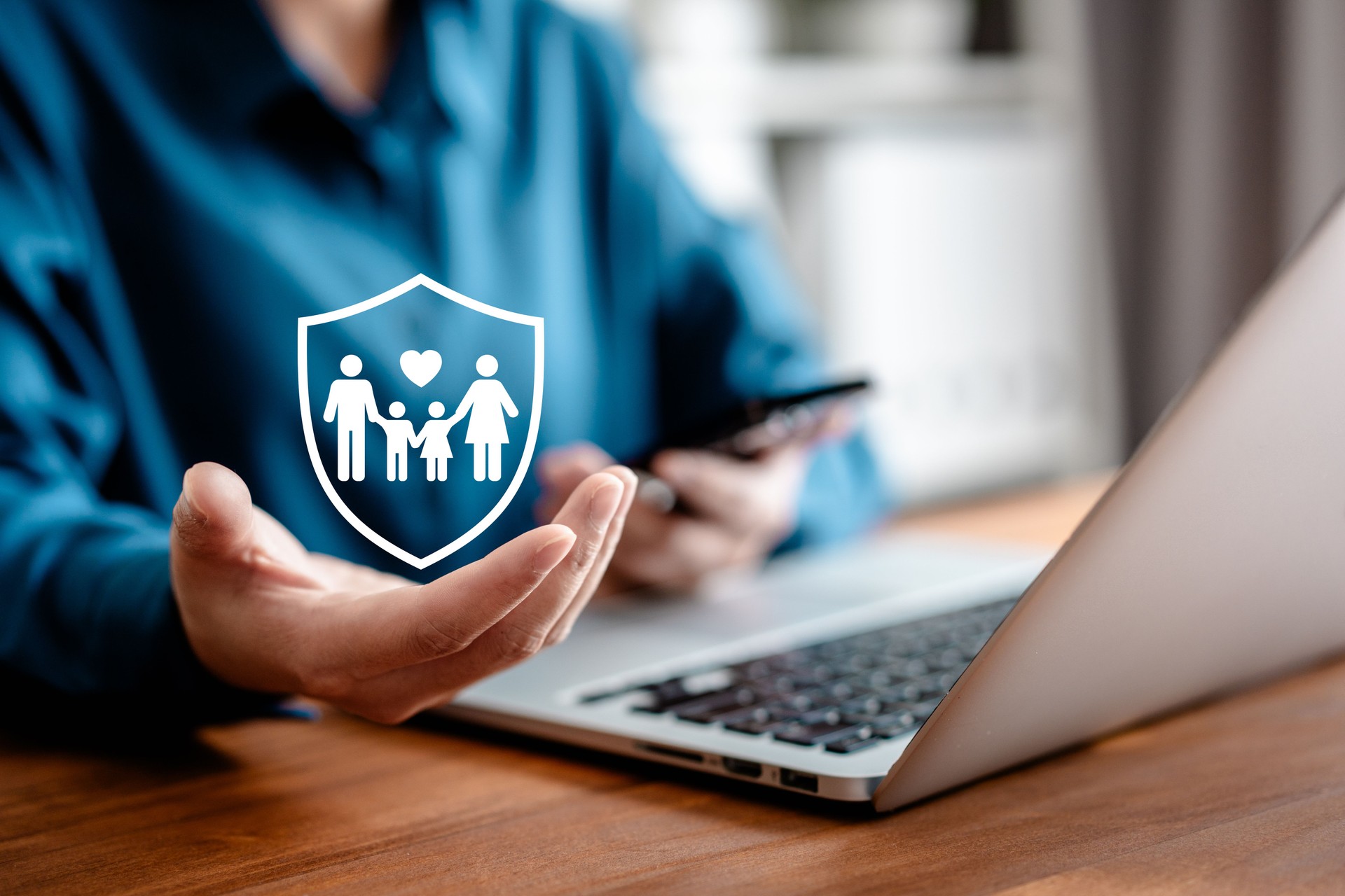 Businesswomen holding protective shield family parent, life health insurance icons, risk defensive, insurance concept.