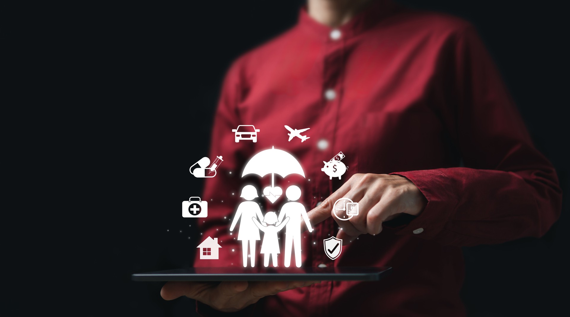 Family Assurance management concept, Businesswoman hold tablets to show Insurance icons, life, family, health, Financial, Real estate, risk management, Travel and Reduce accidents all the time